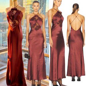 🆕 SELF PORTRAIT 🧿 NWOT Brown Satin Maxi Dress, Sz UK 10 / US 6